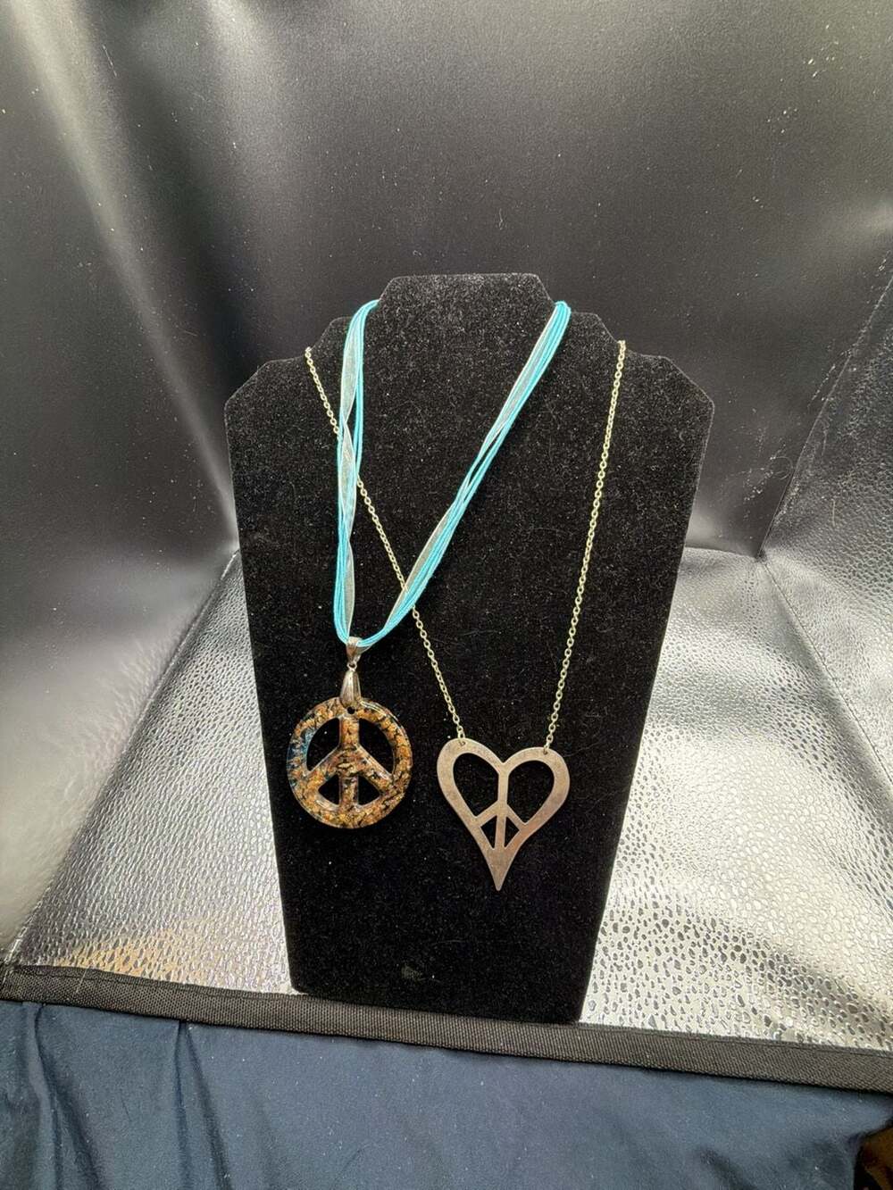 Lot of 2 Boho Peace Sign Necklaces Art Glass Pendant and Metal Heart